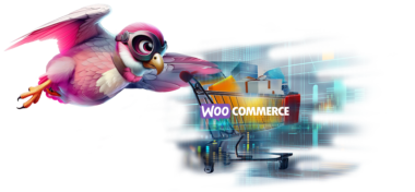 Rapyd's Fleet: The E-Commerce Pilot - Rapyd Blog Fleet is flying a virtual shopping cart with the WooCommerce logo, filled with digital products, showcasing a boost in sales with Rapyd hosting.
